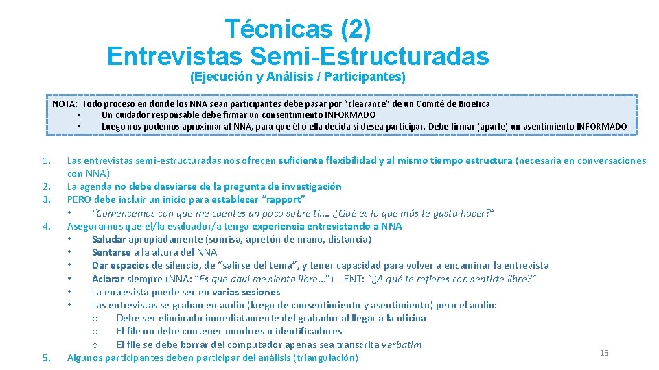 Técnicas (2) Entrevistas Semi-Estructuradas (Ejecución y Análisis / Participantes) NOTA: Todo proceso en donde