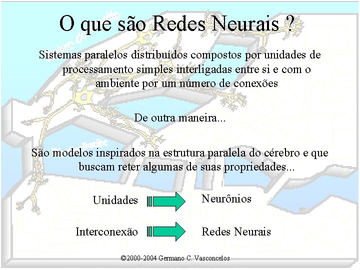 O que são Redes Neurais ? Sistemas paralelos distribuídos compostos por unidades de processamento