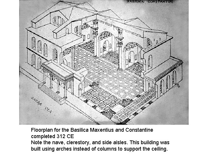 Floorplan for the Basilica Maxentius and Constantine completed 312 CE Note the nave, clerestory,