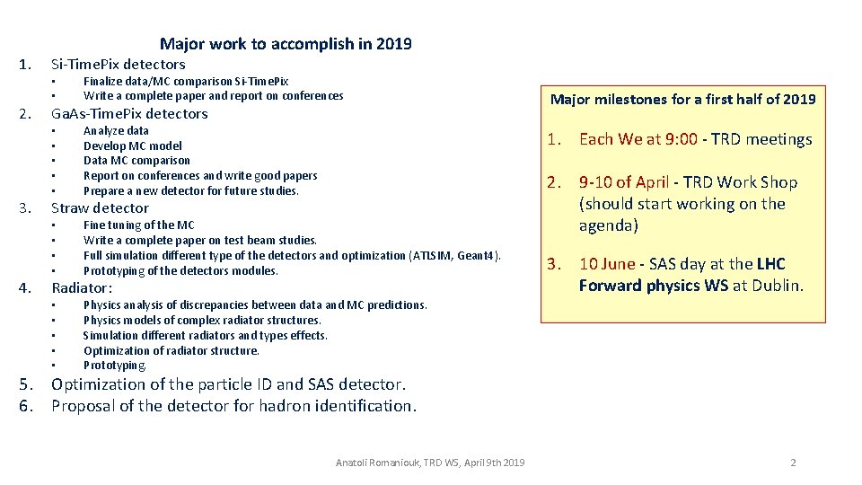 1. 2. 3. 4. Major work to accomplish in 2019 Si-Time. Pix detectors •