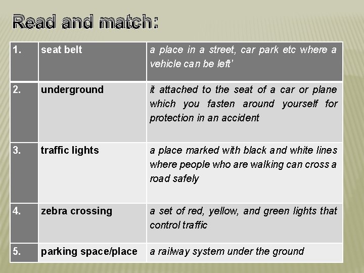 Read and match: 1. seat belt a place in a street, car park etc