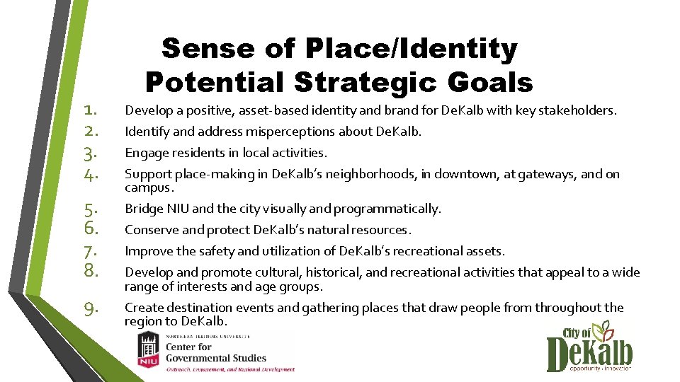 Sense of Place/Identity Potential Strategic Goals 1. 2. 3. 4. Develop a positive, asset-based