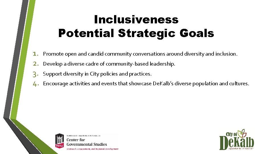 Inclusiveness Potential Strategic Goals 1. 2. 3. 4. Promote open and candid community conversations
