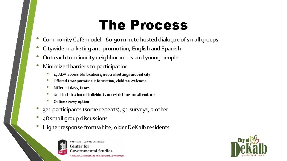 The Process • • Community Café model - 60 -90 minute hosted dialogue of