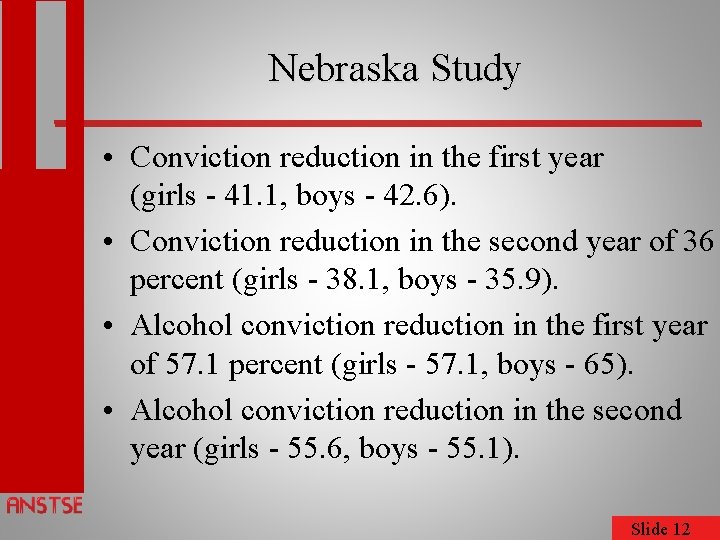 Nebraska Study • Conviction reduction in the first year (girls - 41. 1, boys