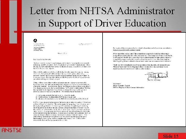 Letter from NHTSA Administrator in Support of Driver Education Slide 15 