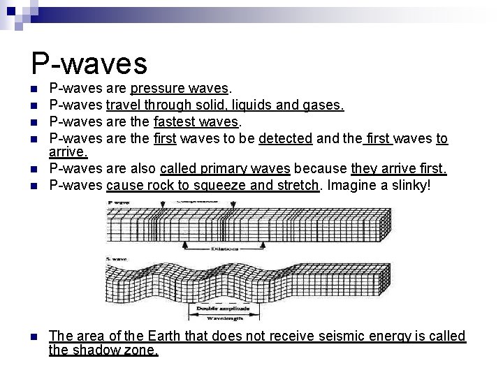 P-waves n n n n P-waves are pressure waves. P-waves travel through solid, liquids