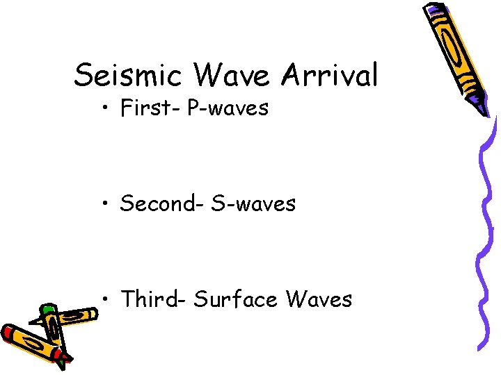 Seismic Wave Arrival • First- P-waves • Second- S-waves • Third- Surface Waves Seismic Wave Arrival • First- P-waves • Second- S-waves • Third- Surface Waves