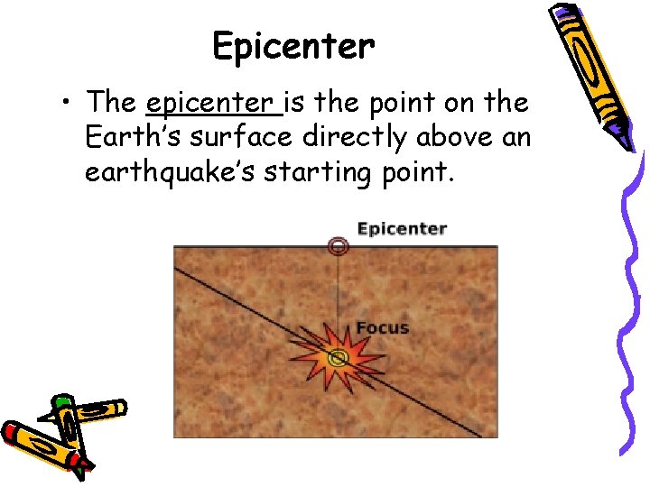 Epicenter • The epicenter is the point on the Earth’s surface directly above an