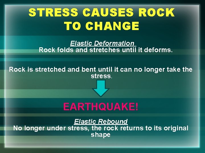 STRESS CAUSES ROCK TO CHANGE Elastic Deformation Rock folds and stretches until it deforms.