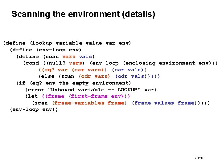 Scanning the environment (details) (define (lookup-variable-value var env) (define (env-loop env) (define (scan vars