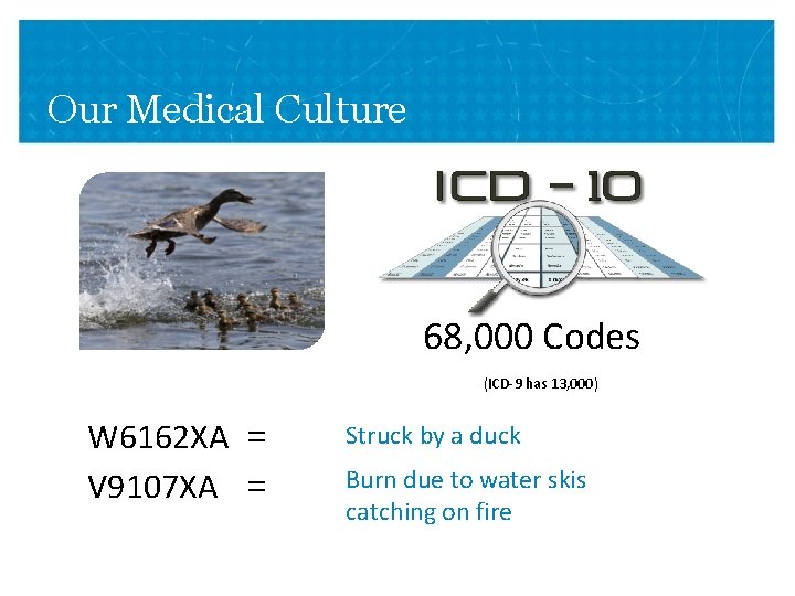 Our Medical Culture 68, 000 Codes (ICD-9 has 13, 000) W 6162 XA =