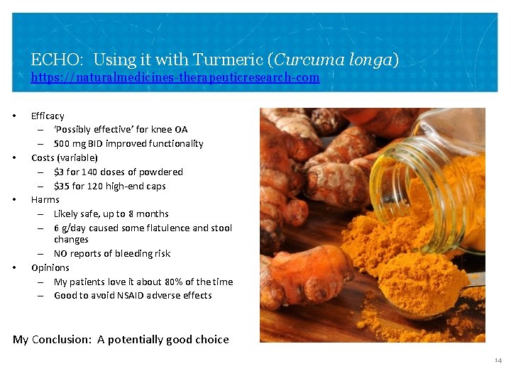 ECHO: Using it with Turmeric (Curcuma longa) https: //naturalmedicines-therapeuticresearch-com • • Efficacy – ‘Possibly