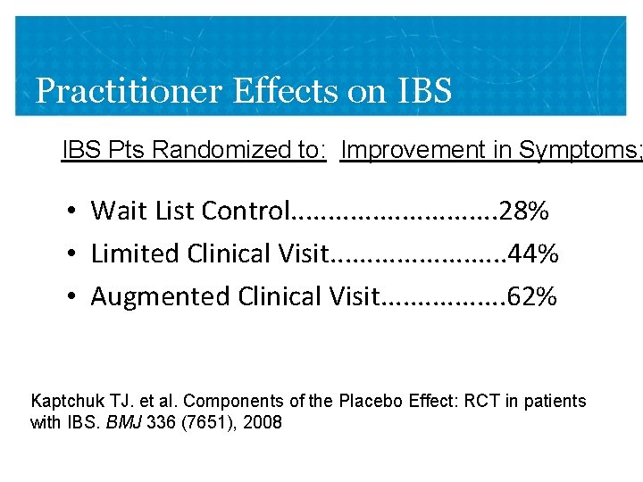 Practitioner Effects on IBS Pts Randomized to: Improvement in Symptoms; • Wait List Control.