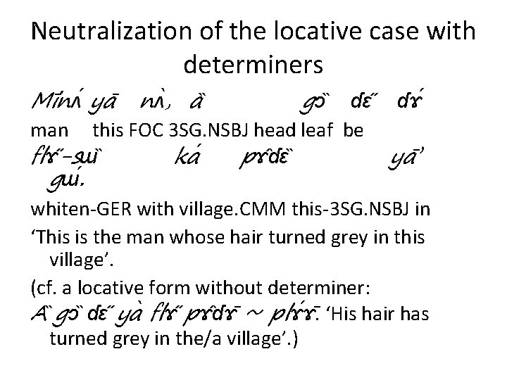 Neutralization of the locative case with determiners Mi nʌ ya nʌ , a gɔ
