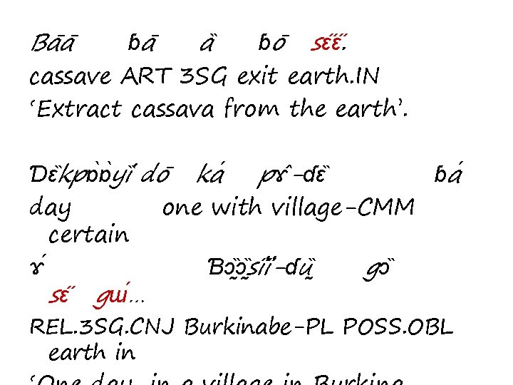 Ba a ɓa a ɓo sɛ ɛ. cassave ART 3 SG exit earth. IN