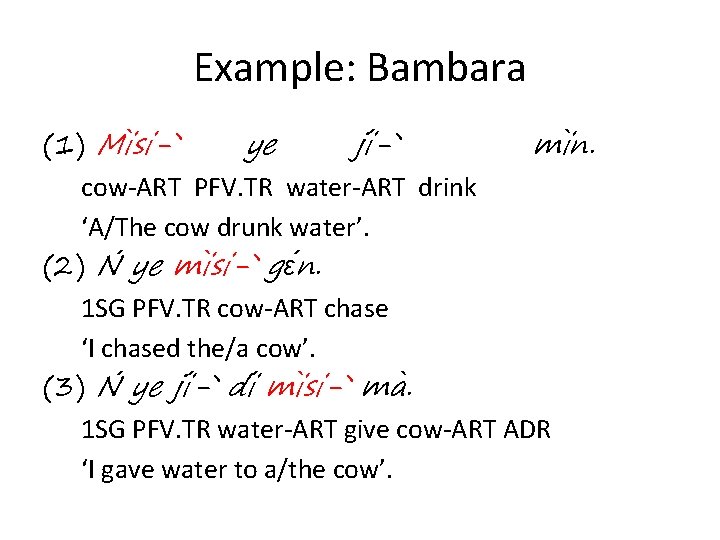 Example: Bambara (1) Mi si-` ye ji -` mi n. cow-ART PFV. TR water-ART