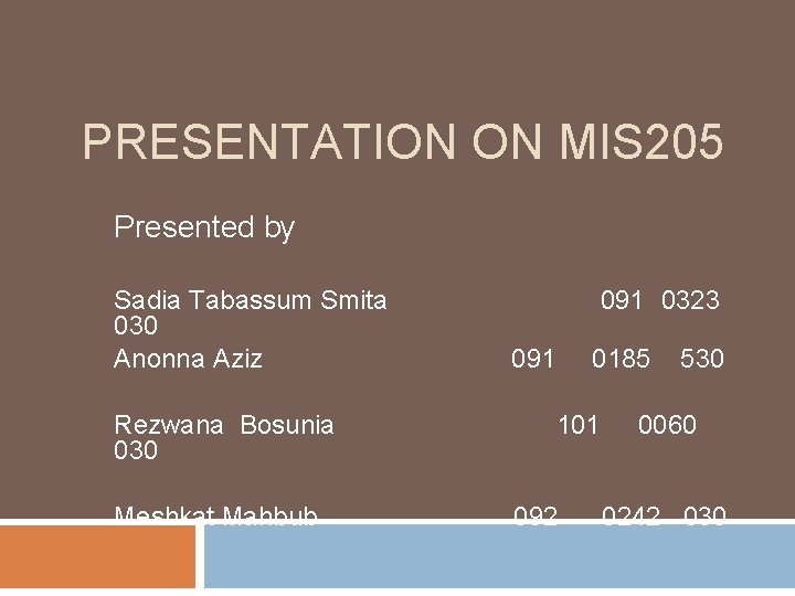 PRESENTATION ON MIS 205 Presented by Sadia Tabassum Smita 030 Anonna Aziz Rezwana Bosunia