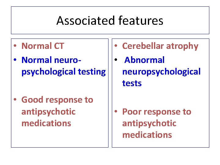Associated features • Normal CT • Cerebellar atrophy • Normal neuro • Abnormal psychological