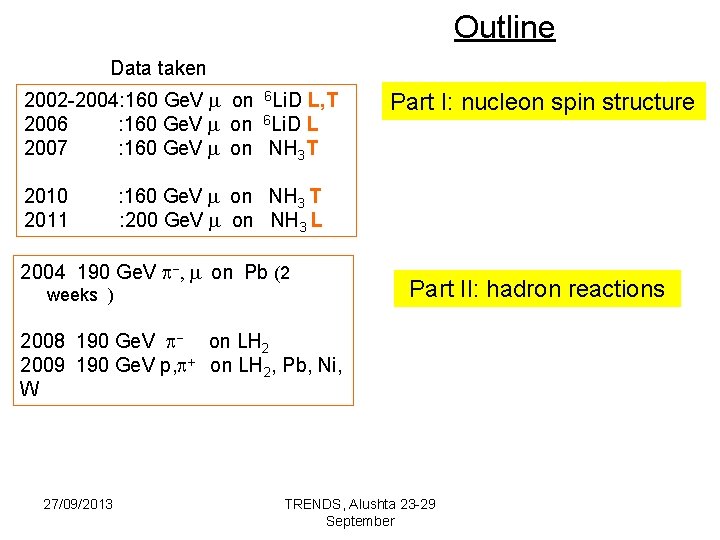 Outline Data taken 2002 -2004: 160 Ge. V on 6 Li. D L, T