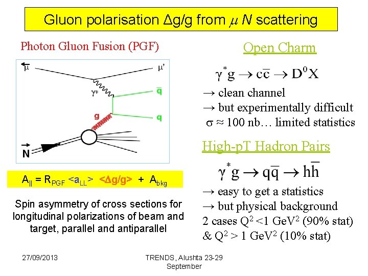 Gluon polarisation Δg/g from m N scattering Photon Gluon Fusion (PGF) Open Charm →