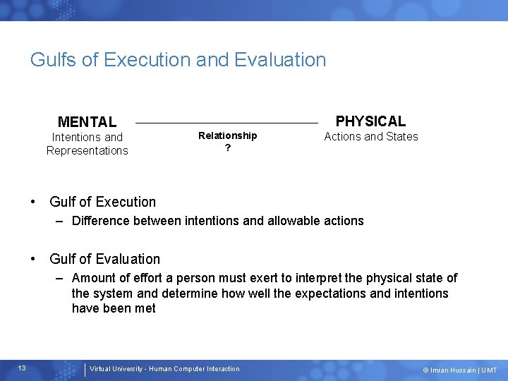 Gulfs of Execution and Evaluation PHYSICAL MENTAL Intentions and Representations Relationship ? Actions and