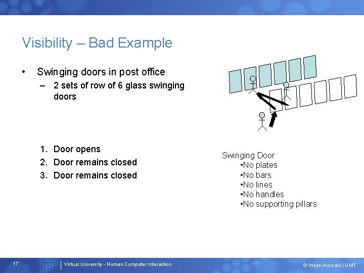 Visibility – Bad Example • Swinging doors in post office – 2 sets of