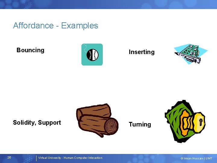 Affordance - Examples Bouncing Solidity, Support 26 Virtual University - Human Computer Interaction Inserting