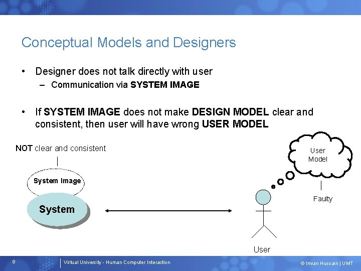 Conceptual Models and Designers • Designer does not talk directly with user – Communication