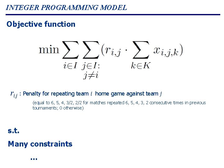 INTEGER PROGRAMMING MODEL Objective function ri, j : Penalty for repeating team i home INTEGER PROGRAMMING MODEL Objective function ri, j : Penalty for repeating team i home
