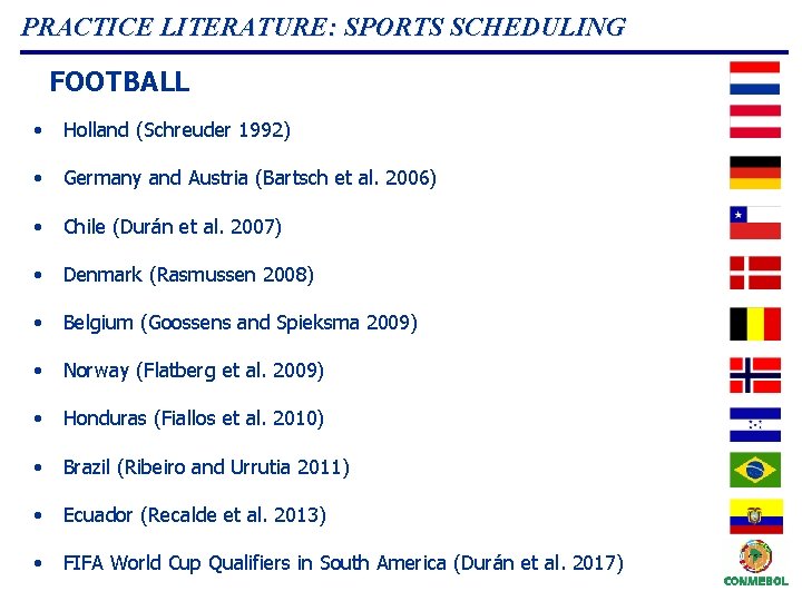 PRACTICE LITERATURE: SPORTS SCHEDULING FOOTBALL • Holland (Schreuder 1992) • Germany and Austria (Bartsch PRACTICE LITERATURE: SPORTS SCHEDULING FOOTBALL • Holland (Schreuder 1992) • Germany and Austria (Bartsch