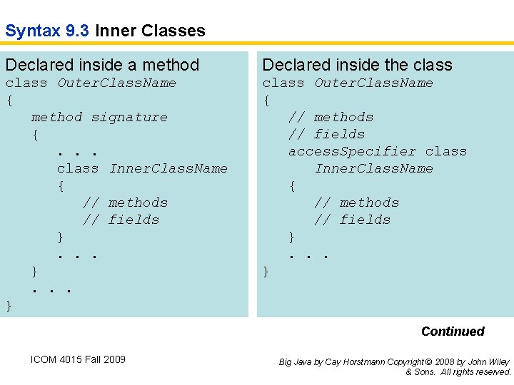 Syntax 9. 3 Inner Classes Declared inside a method Declared inside the class Outer.