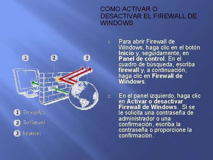 COMO ACTIVAR O DESACTIVAR EL FIREWALL DE WINDOWS 1. Para abrir Firewall de Windows,