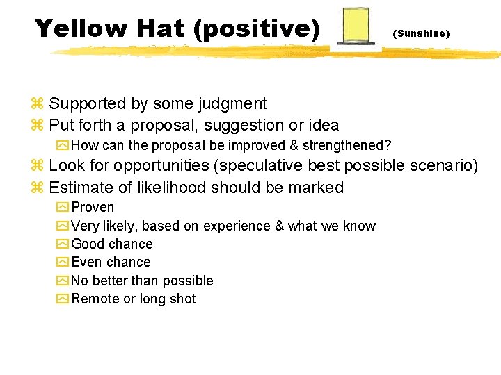 Yellow Hat (positive) (Sunshine) z Supported by some judgment z Put forth a proposal,