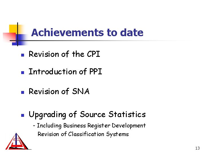 Achievements to date n Revision of the CPI n Introduction of PPI n Revision Achievements to date n Revision of the CPI n Introduction of PPI n Revision