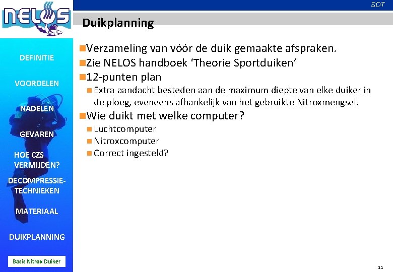 SDT Duikplanning DEFINITIE VOORDELEN NADELEN GEVAREN HOE CZS VERMIJDEN? n. Verzameling van vóór de