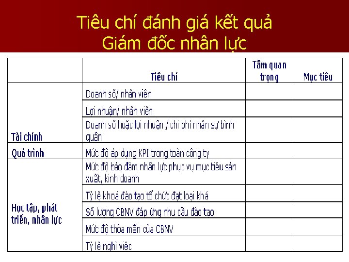 Tiêu chí đánh giá kết quả Giám đốc nhân lực 