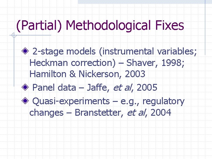 (Partial) Methodological Fixes 2 -stage models (instrumental variables; Heckman correction) – Shaver, 1998; Hamilton