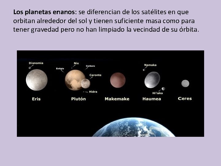 Los planetas enanos: se diferencian de los satélites en que orbitan alrededor del sol