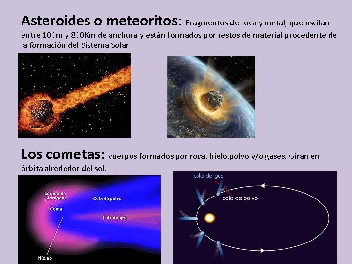 Asteroides o meteoritos: Fragmentos de roca y metal, que oscilan entre 100 m y