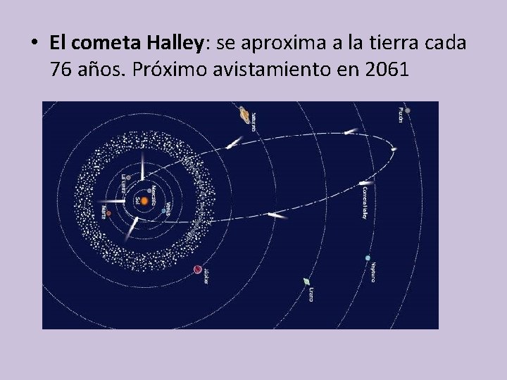  • El cometa Halley: se aproxima a la tierra cada 76 años. Próximo