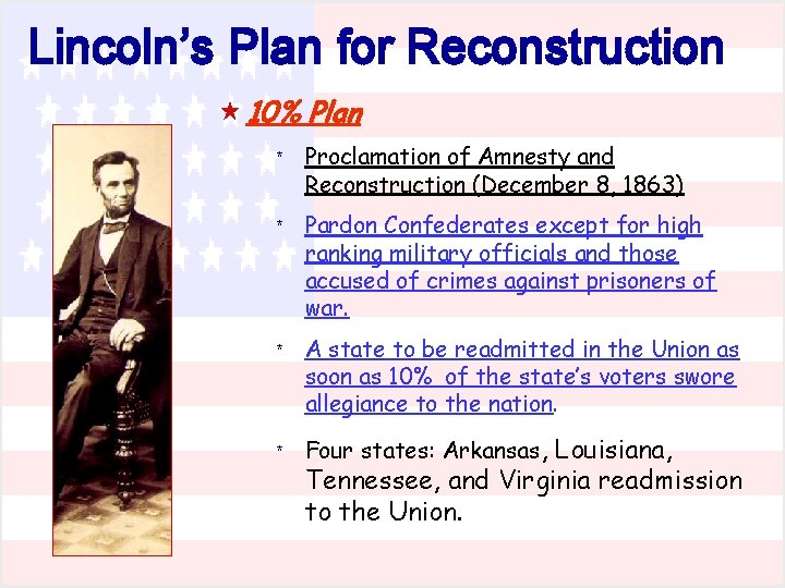 Lincoln’s Plan for Reconstruction « 10% Plan * Proclamation of Amnesty and Reconstruction (December