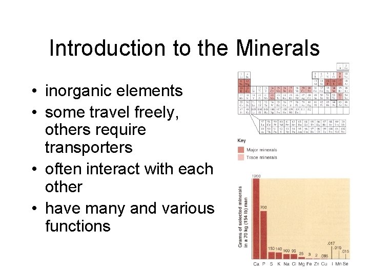 Introduction to the Minerals • inorganic elements • some travel freely, others require transporters Introduction to the Minerals • inorganic elements • some travel freely, others require transporters