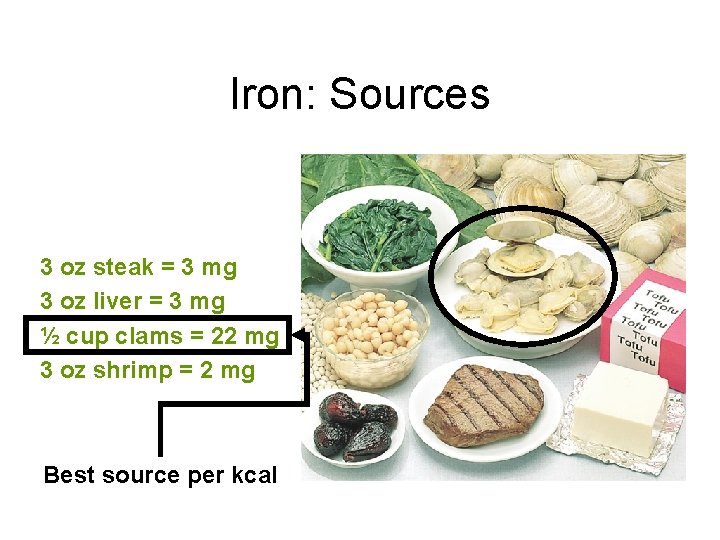 Iron: Sources 3 oz steak = 3 mg 3 oz liver = 3 mg Iron: Sources 3 oz steak = 3 mg 3 oz liver = 3 mg