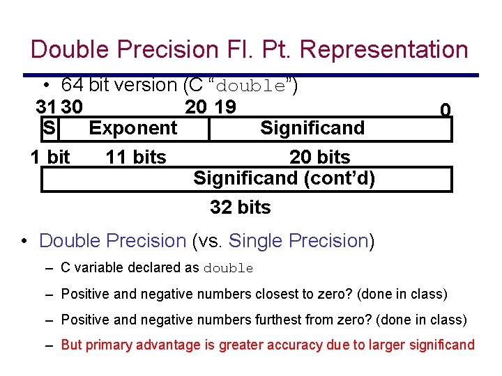 Double Precision Fl. Pt. Representation • 64 bit version (C “double”) 31 30 20
