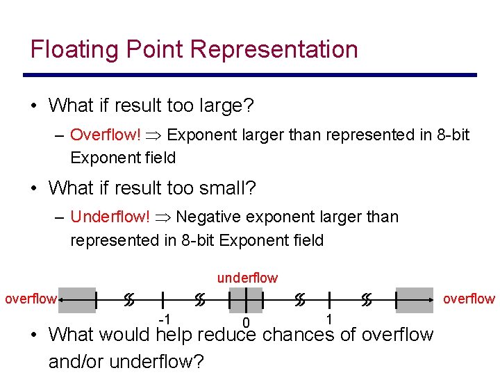 Floating Point Representation • What if result too large? – Overflow! Exponent larger than