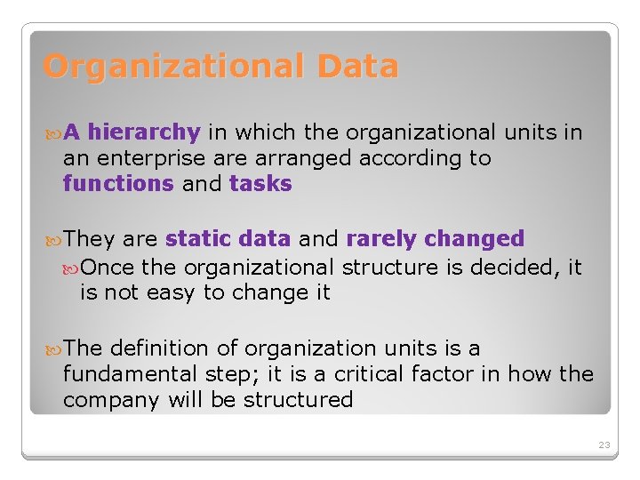 Organizational Data A hierarchy in which the organizational units in an enterprise arranged according