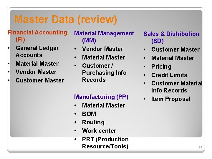 Master Data (review) Financial Accounting (FI) • General Ledger Accounts • Material Master •