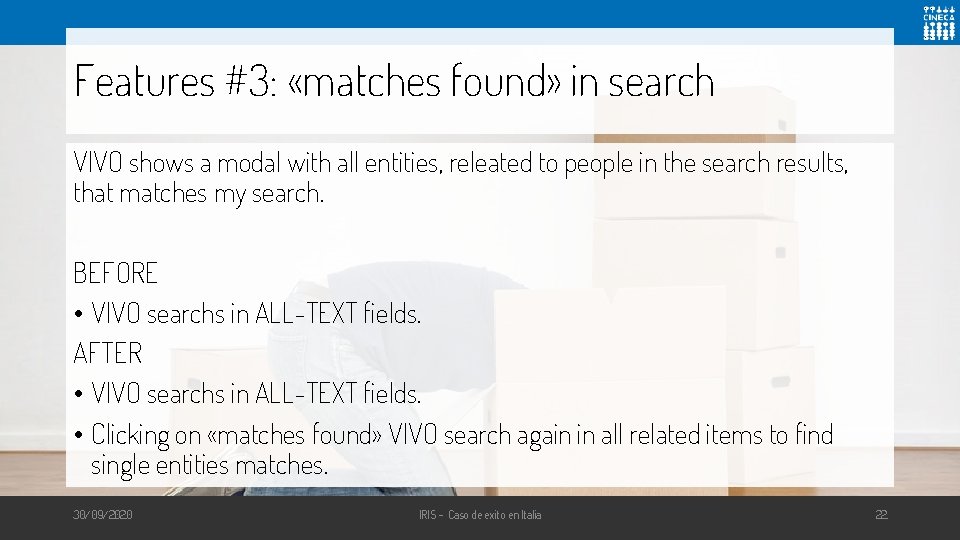 Features #3: «matches found» in search VIVO shows a modal with all entities, releated