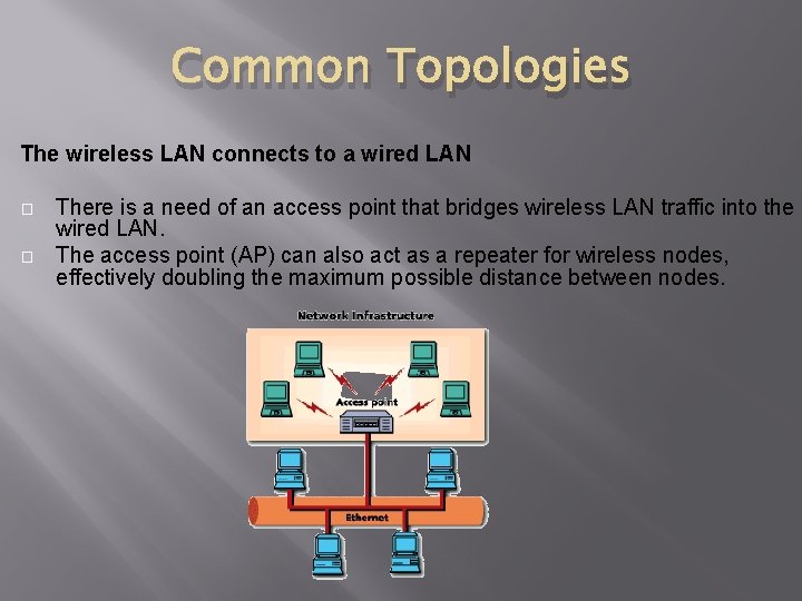 Common Topologies The wireless LAN connects to a wired LAN � � There is